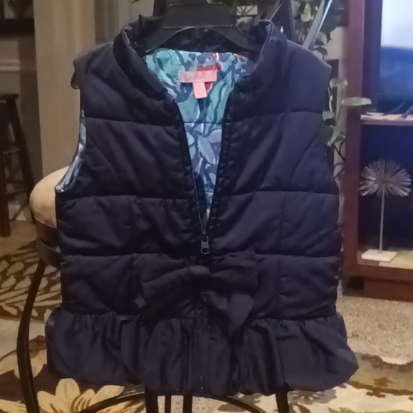 NWOT Lilly Pulitzer navy quilted floral print lining puffer vest w bow Sz Large - Picture 2 of 6